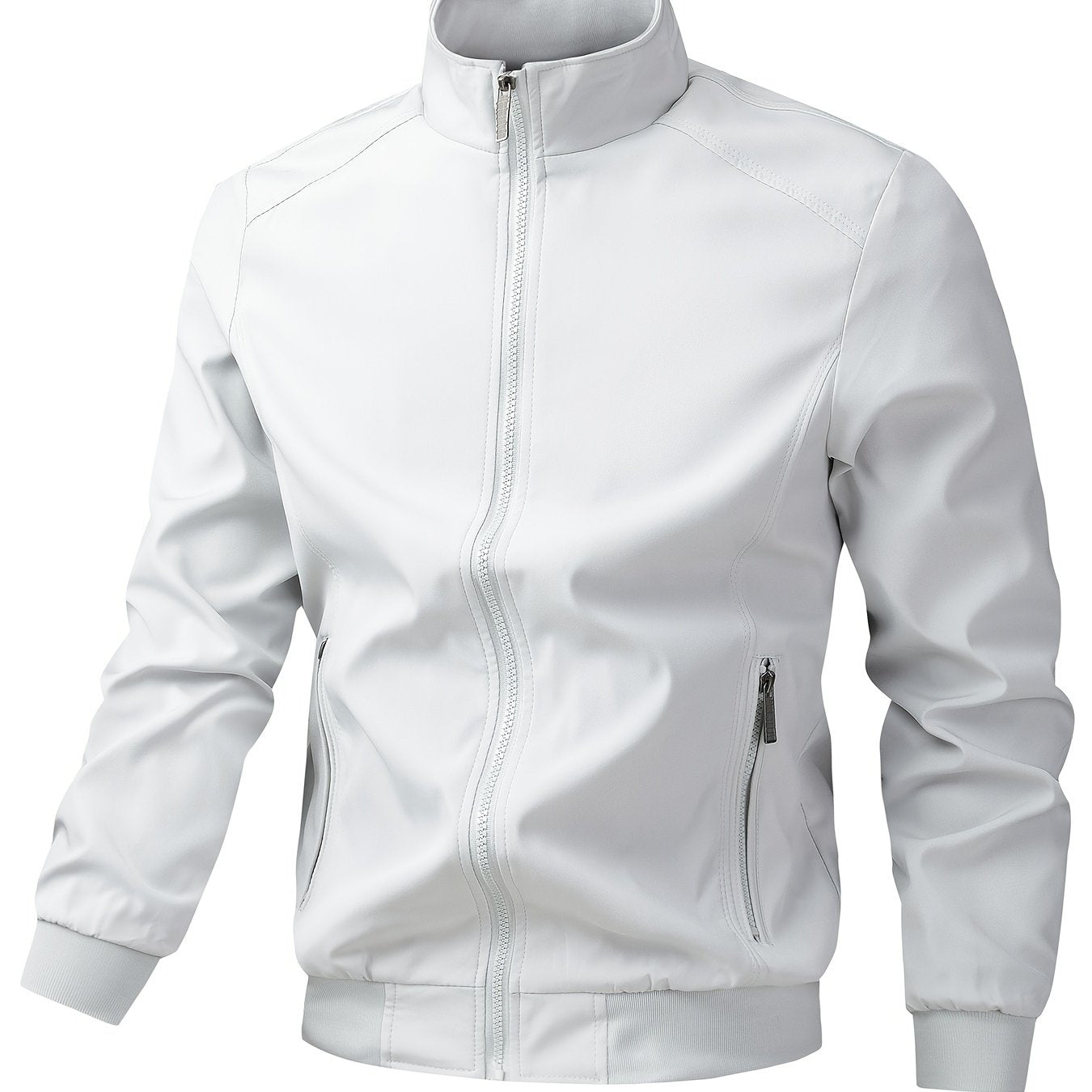 Men's Casual Royal Blue Bomber Jacket - Full Zip, Loose Fit, Polyester, Stand Collar, Long Sleeve, Lightweight & Durable for Spring and Fall, Casual Outerwear | Ribbed Cuff Sleeves | Durable Outerwear