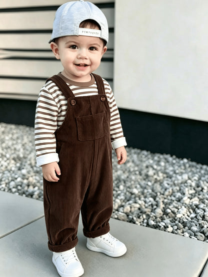 Baby Boys' Coffee-Stripe Long-Sleeve Overalls Set, Casual 2-Piece