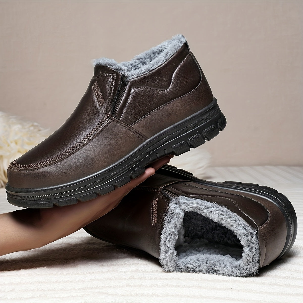 Տղամարդկանց ձմեռային ձմեռային կոշիկներ՝ բրդյա և կամարի հենարանով - Բոլոր եղանակների համար նախատեսված ցուրտ եղանակի լեռնագնացության կոշիկներ, սահքակայուն ռետինե ներբան, կլոր քթով դիզայն՝ առօրյա և բացօթյա հագուստի համար, լեռնագնացության կոշիկներ