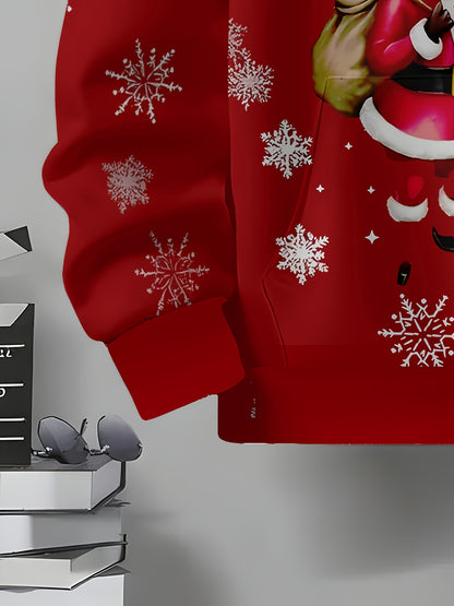 Men's Full-Body Snowflake & Santa Print Christmas Sweater Jacket with Pockets - Red Festive Hooded Pullover, Winter Party Outfit, Casual Seasonal Clothing, Durable for holiday Events & Daily Wear, PLUS SIZE