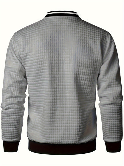 Men's Casual Bomber Jacket with Stand Collar - Polyester and Elastane Blend, Knit Fabric with Slight Stretch, Solid Color, Zipper Detail, Long Sleeve, Regular Fit