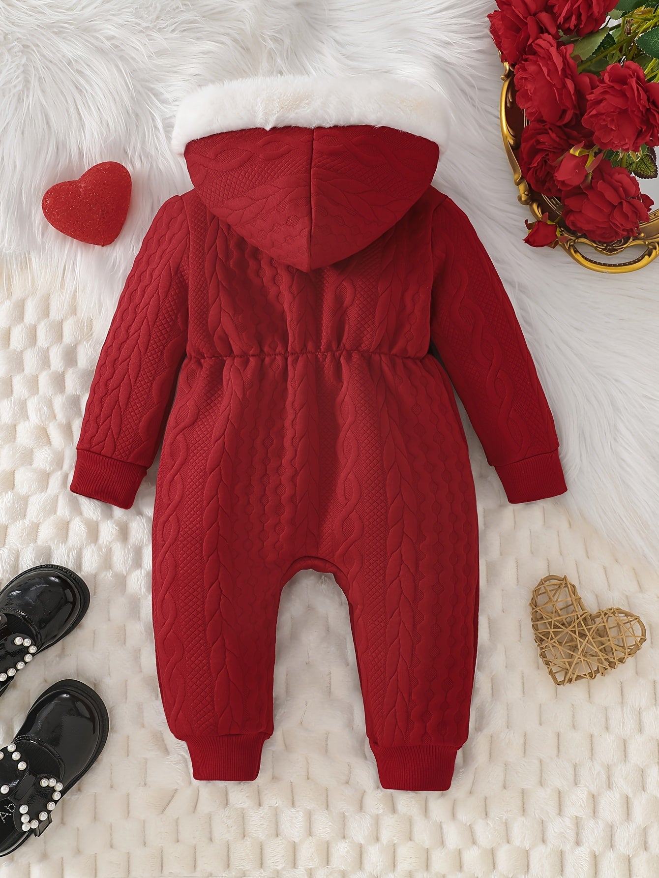 Baby Girl'S Cute Thickened Knit Romper with Hood and Bow Accent, Perfect for Outdoor Christmas and Autumn/Winter Wear, P101924, Perfect for Outdoor Christmas And Autumn/Winter
