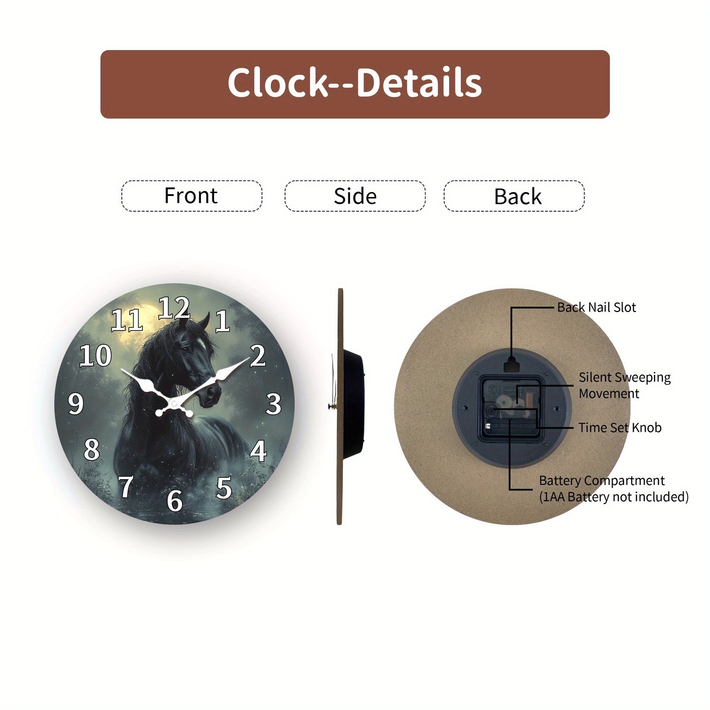 1pc, Wooden Wall Clock, Animal Theme - Majestic Horse Pattern Design, Silent Clock, Suitable for Living Room, Bedroom, Kitchen, Office Decoration, Modern Home Decor, Ideal Birthday, Holiday, New Year Gift (AA Battery Not Incl