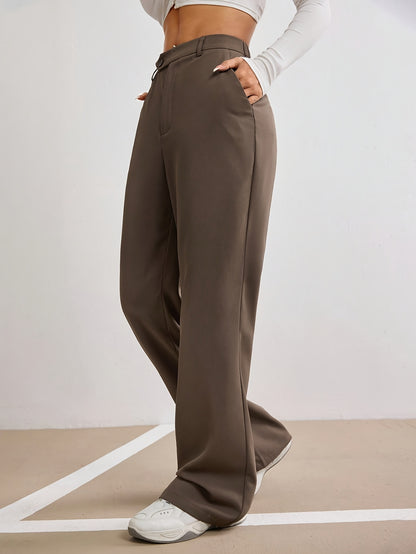 Elegant Solid Color Button-Wide Leg Suit Pants for Women, Polyester, Machine Washable