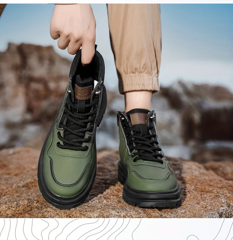 Men's Trendy Solid Ankle Boots, Comfy Non Slip Lace Up Durable Shoes for Men's Outdoor Activities