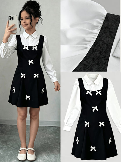 Girls' Elegant Black & White Bow Waist-Cinching Dress