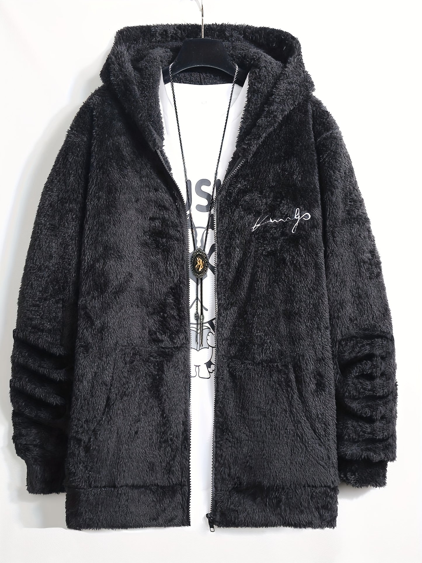 Casual Style] Men's "RELAX" Fleece Hoodie Jacket - Casual Dual-Sided Brown Teddy Coat with Zipper Closure, Long Sleeves for Fall/Winter, Casual Outerwear|Stylish Casualwear|Crafted Embroidery