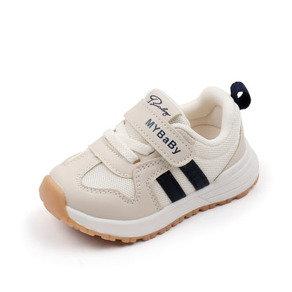 [1pc Unisex Toddler Sports Sneakers] Toddler Sports Sneakers, Unisex Preppy Casual Running Shoes, Striped Low Top Fabric & PU Upper, Breathable Mesh, Soft TPR Sole, with Adjustable Strap Closure, for Spring/Summer, All-Season
