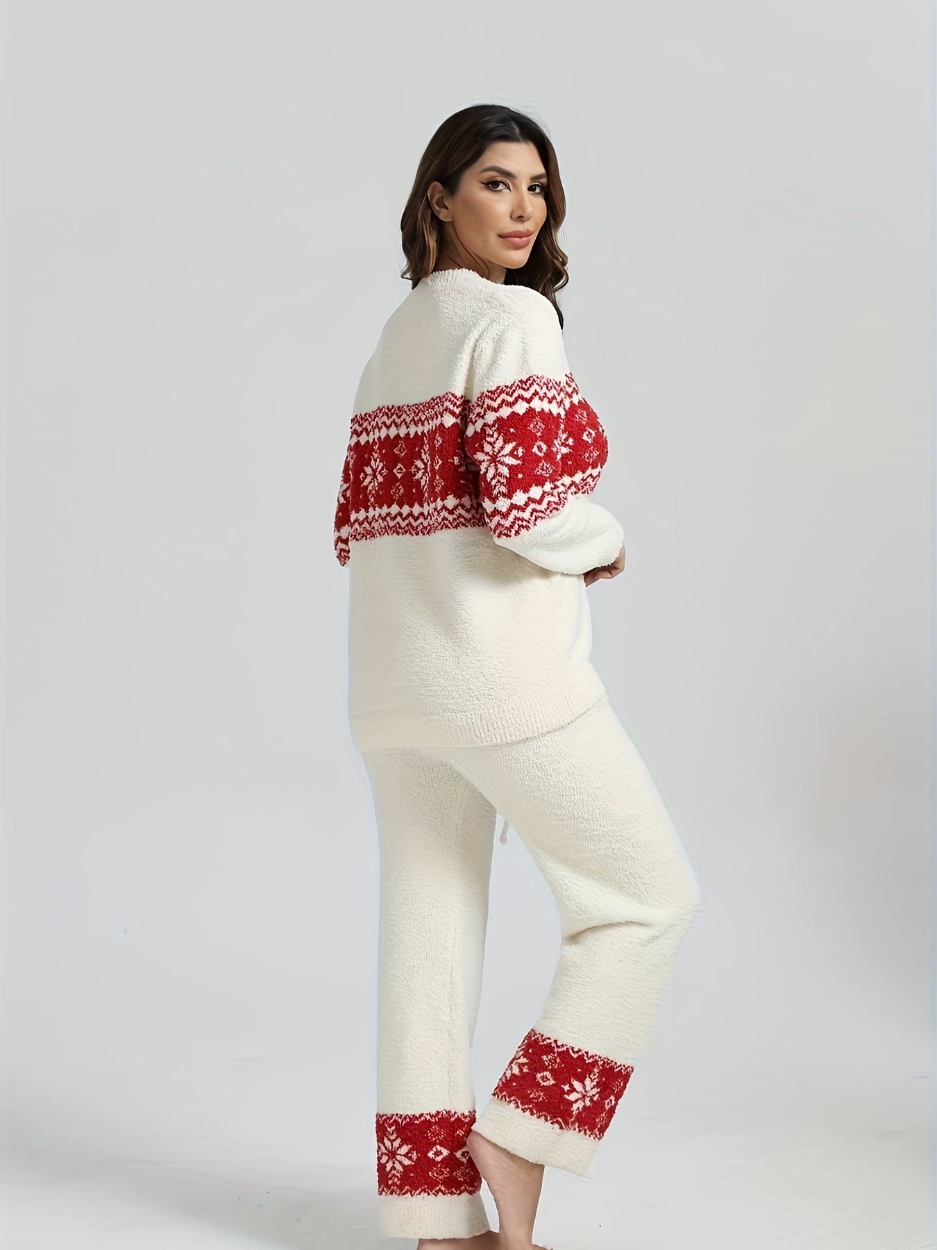 Կանացի աշնանային/ձմեռային տնային հագուստի փափուկ, տաք, նորաձև, Սուրբ Ծննդյան, ձնծաղիկի տեսքով երկար թևքերով տաբատների հավաքածու 2 հատ