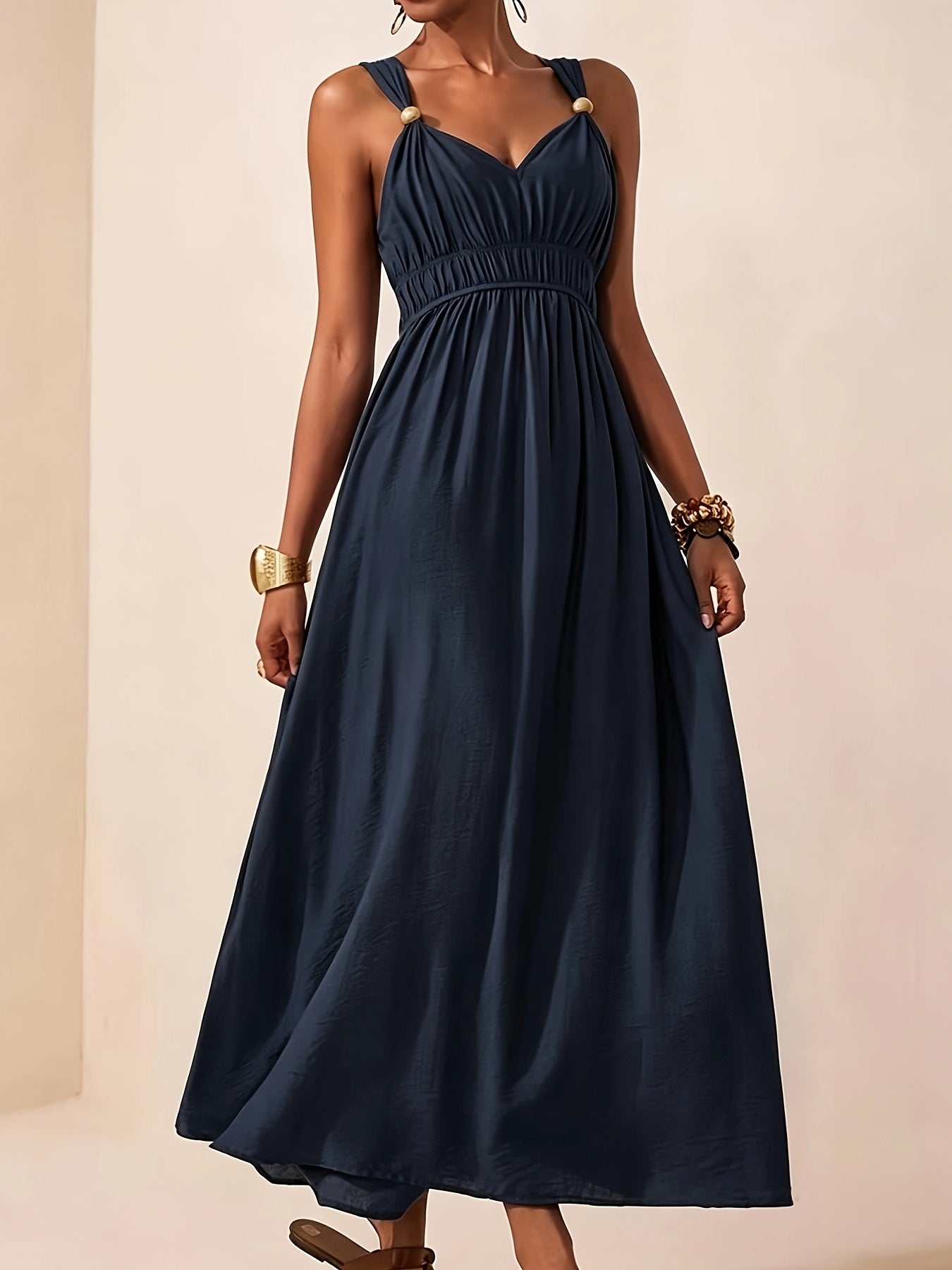 Elegant Summer V-Neck Beaded Sleeveless Waist-Cinching Dress