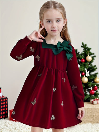 Dreamy Party Dress for Girls - Sweet 3-D Bow with Playful Embroidered Accents, Long Sleeve Spring/Fall Holiday Gathering Outfit