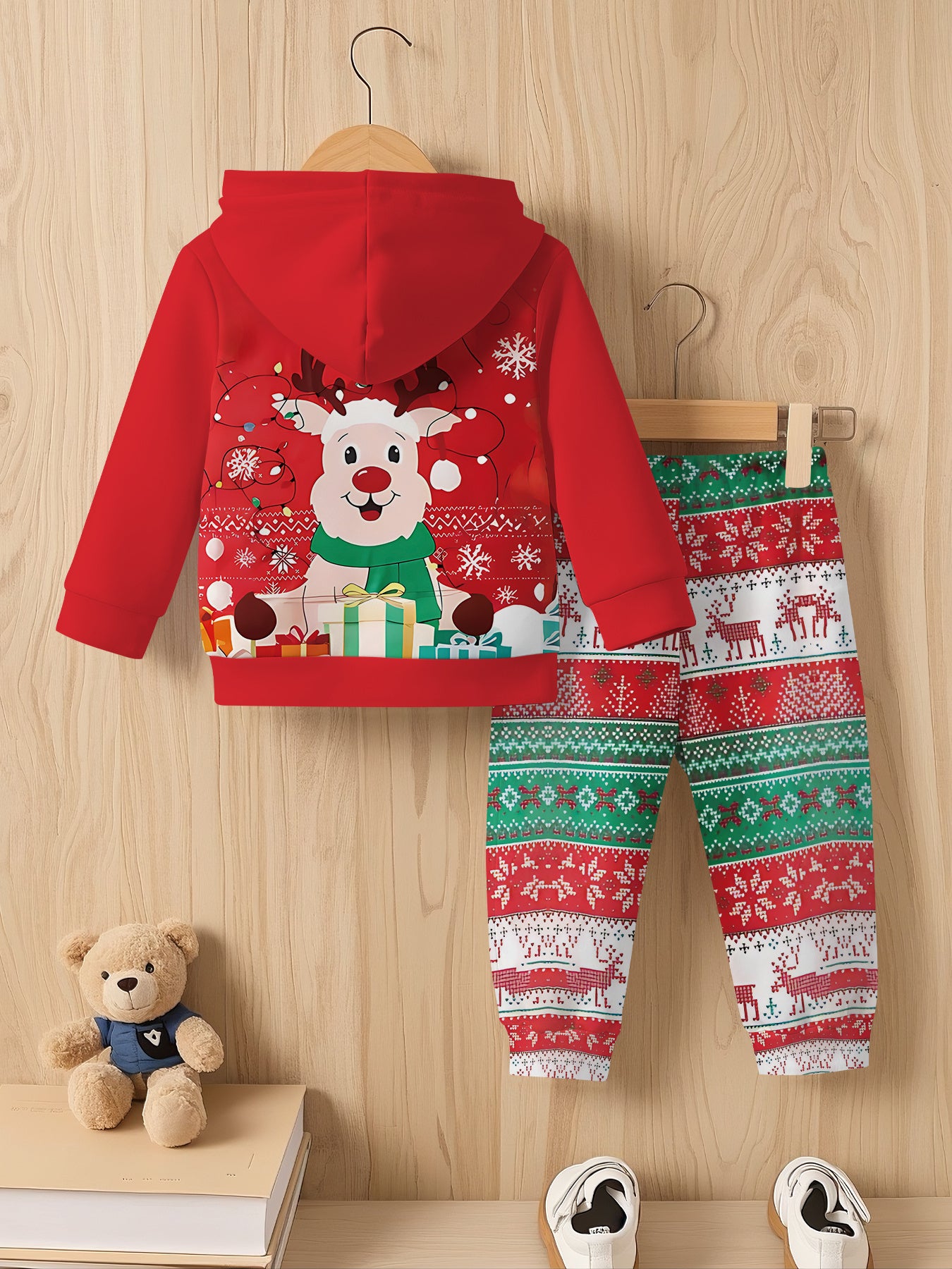 2pcs Boys' Christmas Reindeer & Holiday Sweatsuit Set - Cozy Hooded Sweatshirt & Sweatpants Outfit, Warm Winter Clothes for Boys, Boys' Casual Playwear, Machine Washable Gift for Christmas & New Year’s (Matching Outfit), Pe