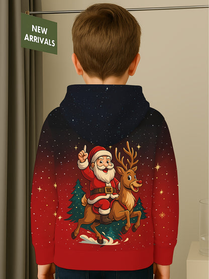 Boys' 3D Digital Print Santa & Reindeer Christmas Hooded Sweatshirt - Red & Black Gradient Festive Pullover with Glowing Eyes, Soft Stretch Fabric, Machine Washable, Long Sleeve Party Outfit for School Events, Family Photos &