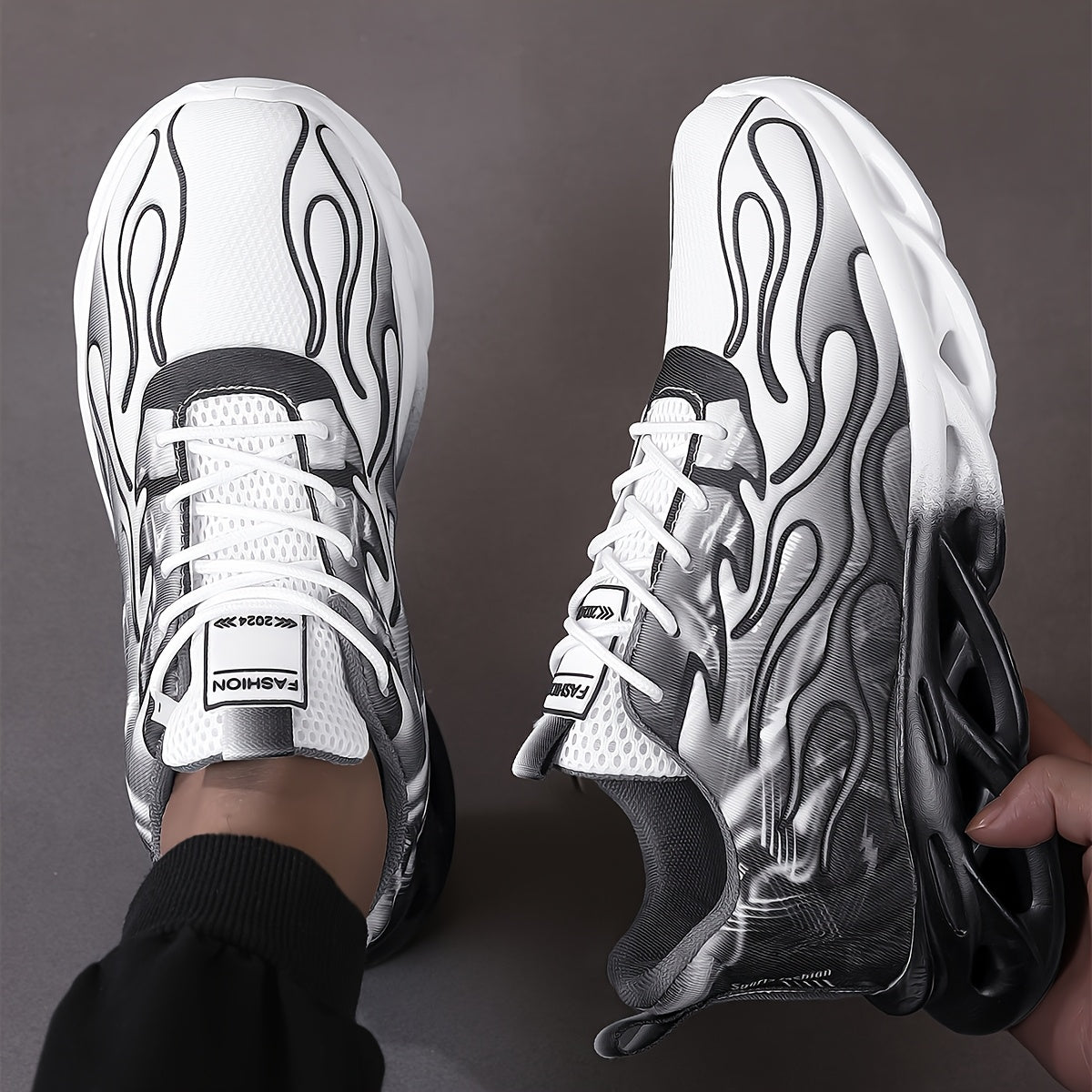 Trendy Black  White Gradient Sneakers - Breathable Mesh, Thick Sole for Height Boost, Fashion Athletic Casual Running Shoes with Flame Design, Perfect for Students  Casual Attire, High Top Sneakers