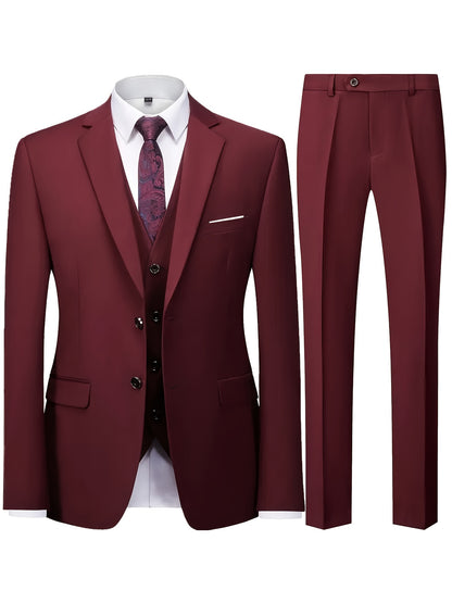 Men's 3-Piece Suit with Jacket, Vest & Pants - Stylish Formal Wear