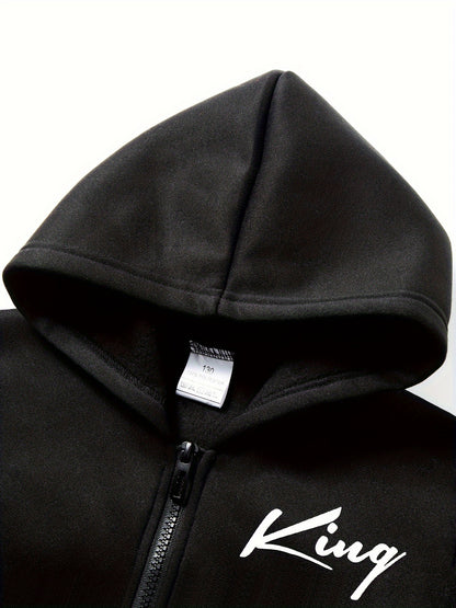 2pcs children's autumn and winter velvet zipper hooded shirt + pants, letter print boys' fashionable casual sports suit, suitable for jogging and daily wear