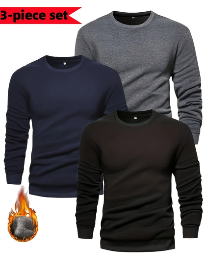 3pcs Men's Solid Color Knit Pullover For Autumn And Winter - Versatile Warm Crew Neck Long Sleeve, As Gift