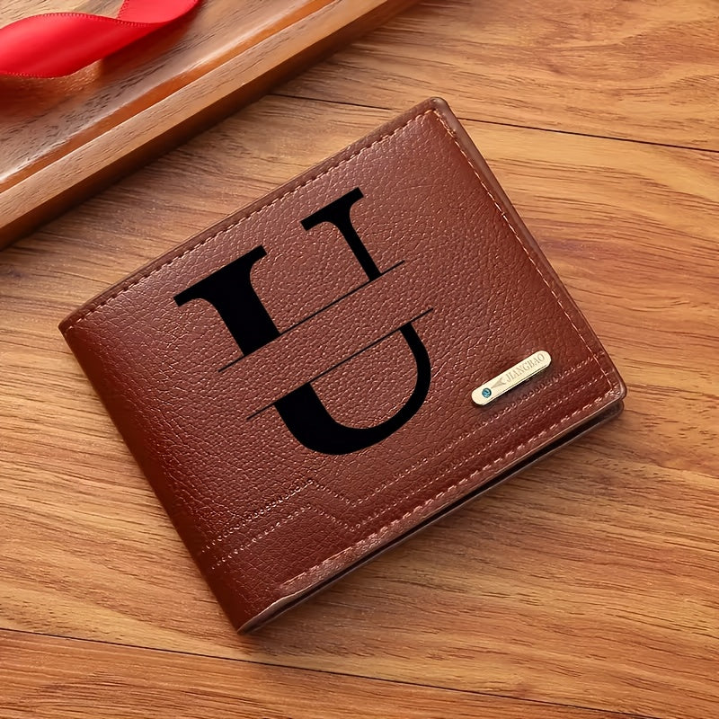 1pc Men's Business Style Faux Leather Wallet, Customizable Text and Initials, Solid Color Faux Leather with Contrast Accents, Compact Short Bifold Design for Easy Carrying - Perfect Birthday Gift for Boyfriend and Father, Per
