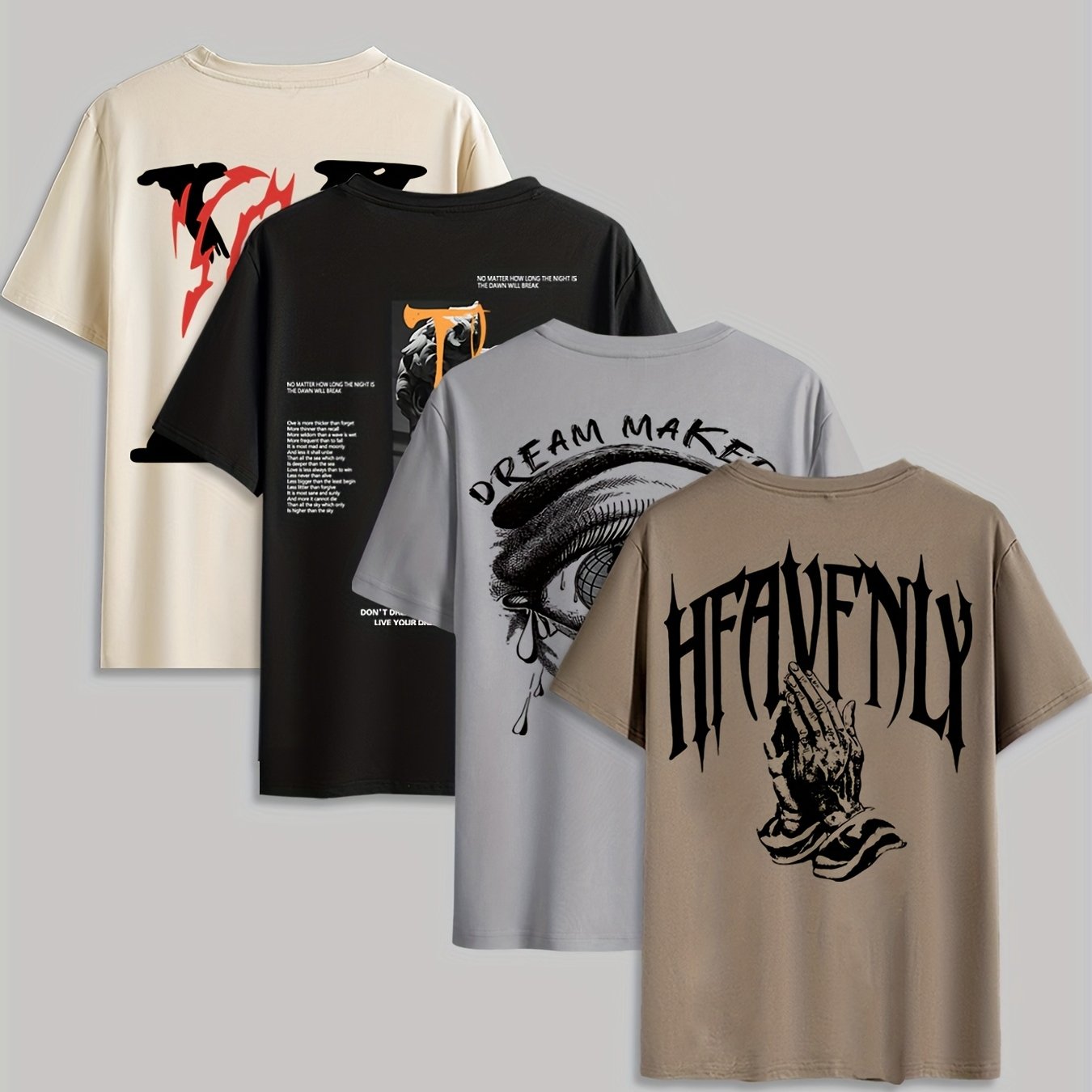 4pcs Men's Graphic Tees - "Heavenly"  More Designs, Casual Crew Neck Short Sleeve T-Shirts in Beige, Black, White - Lightweight Polyester for Summer Outdoor Wear