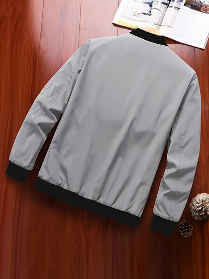 Men'S Stylish Black Sports Casual Jacket - Lightweight Bomber with Zipper Pockets, Front Zipper Panel, and Ribbed Cuffs - Perfect for Outdoor Activities, Running, and Casual Attire
