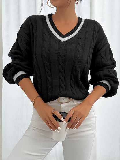 Elegant Women’s V-Neck Cable Knit Drop Shoulder Sweater