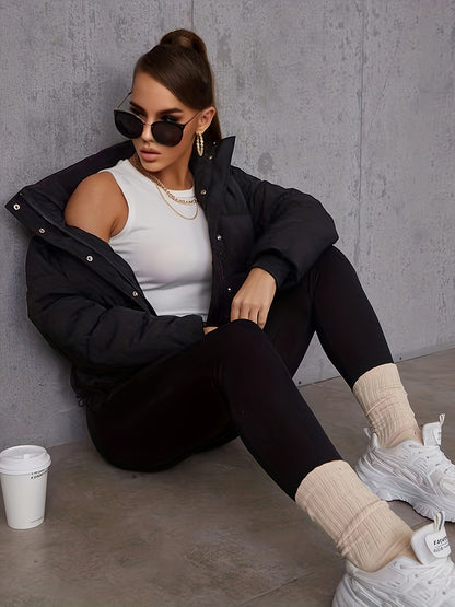 Կանգնած օձիքով գրպաններով փքված բաճկոն, ձմռան համար նախատեսված առօրյա լարով երկար թևքով բաճկոն, կանացի հագուստ