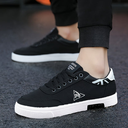 Men's Retro Breathable Canvas Sneakers - Comfortable, Non-Slip Rubber Sole Walking Shoes, Casual Low-Top Lace-Up Design with Triangular Logo, Black & White Accents, Durable PU Upper for Casual Attire