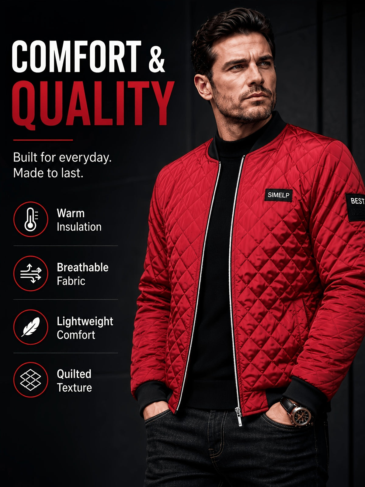 Men's Quilted Bomber Jacket with Ribbed Collar for Fall/Winter