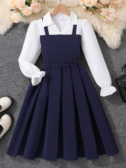 Girls' Preppy Color Block Dress with Lapel Collar & Pleated Skirt