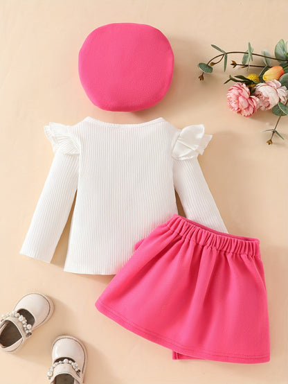 Honey Style Knitted Fabric Crew Neck Long Sleeve T-Shirt with Solid Color Flared Skirt and Beret Set for - Bow Detail Knee High Medium Stretch Fall/Winter Outfit