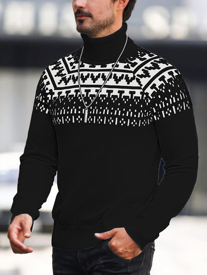 Տղամարդու երկրաչափական գրաֆիկական նախշերով տրիկոտաժե սվիտեր, աշնանային ձմեռային երկար թևքով կրիայով վզնոցով, բացօթյա հագուստի համար