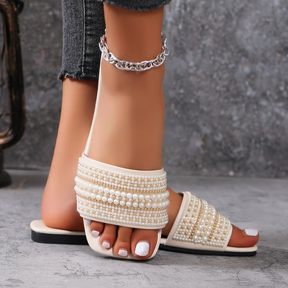 Elegant Women's Summer Flat Slide Sandals - Chic Square Toe with Pearl & Rhinestone Embellishments, Casual Slip-On Design, Faux Cover Upper & Rubber Sole, Ladies Sandals