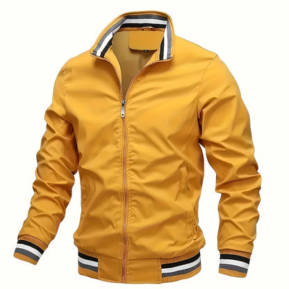 Lightweight And Trendy Men's Long Sleeve Zipper Jacket With Stand Collar, Pockets And Stripe Pattern Pieces, Suitable For Spring And Autumn Outdoors Activities