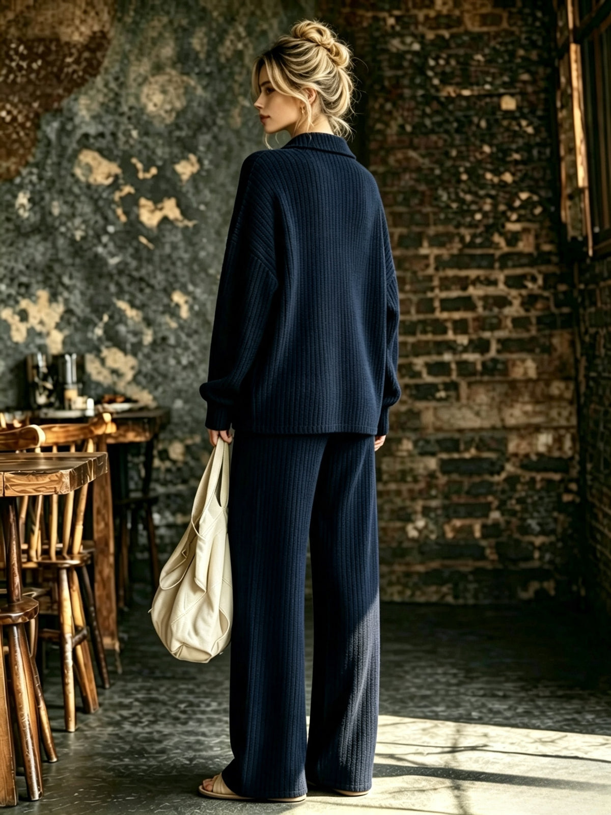 Women's Solid Color V-Neck Long Sleeve Top & Pants Set