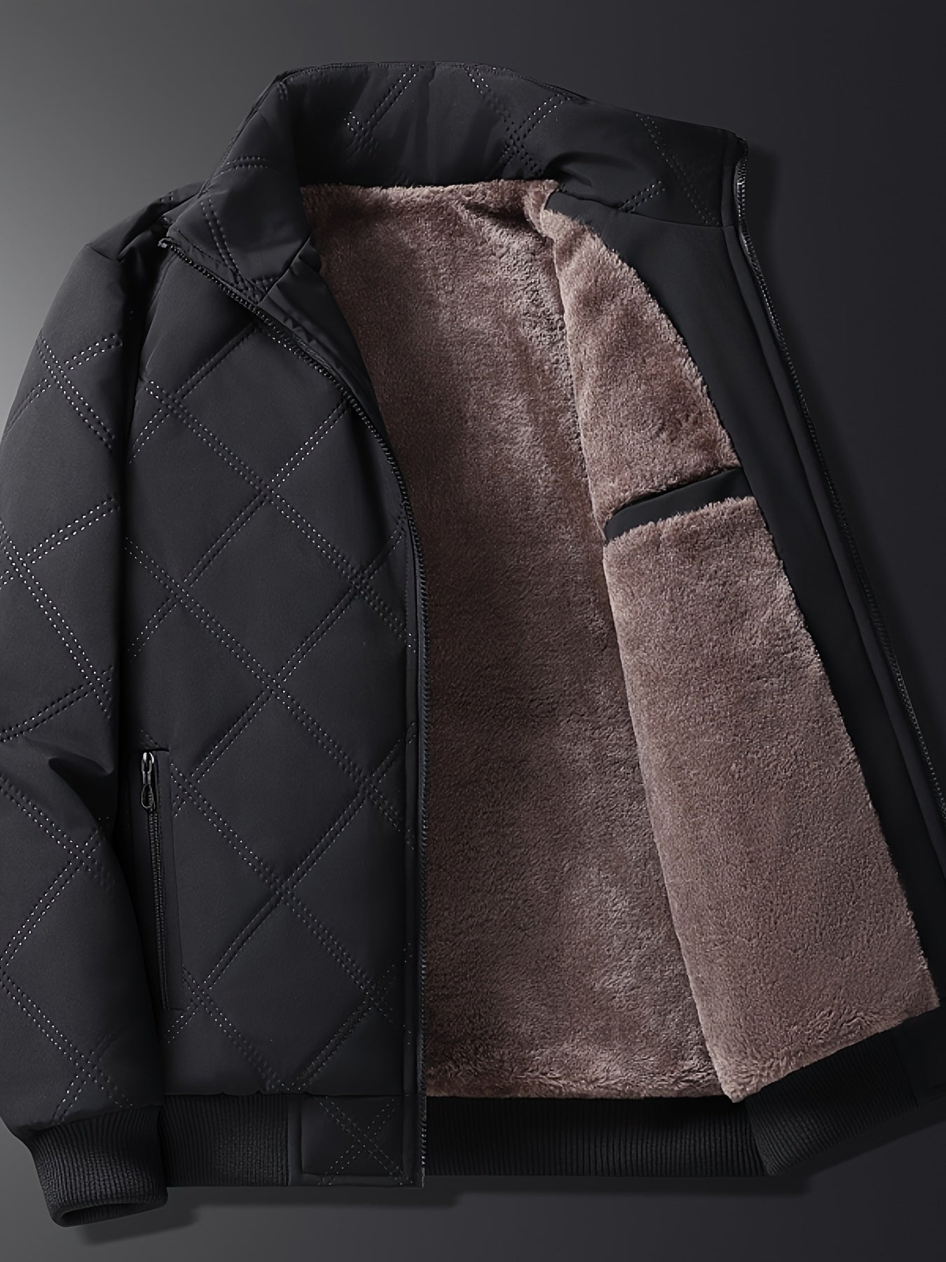 Men's Quilted Fleece Jacket with Stand Collar & Full-Zip Closure - Thick Winter Coat, Black/Brown & Warm Lining, Casual Outdoor Winter Wear for Skiing,, Cold Weather (Hand Wash/Dry Clean)