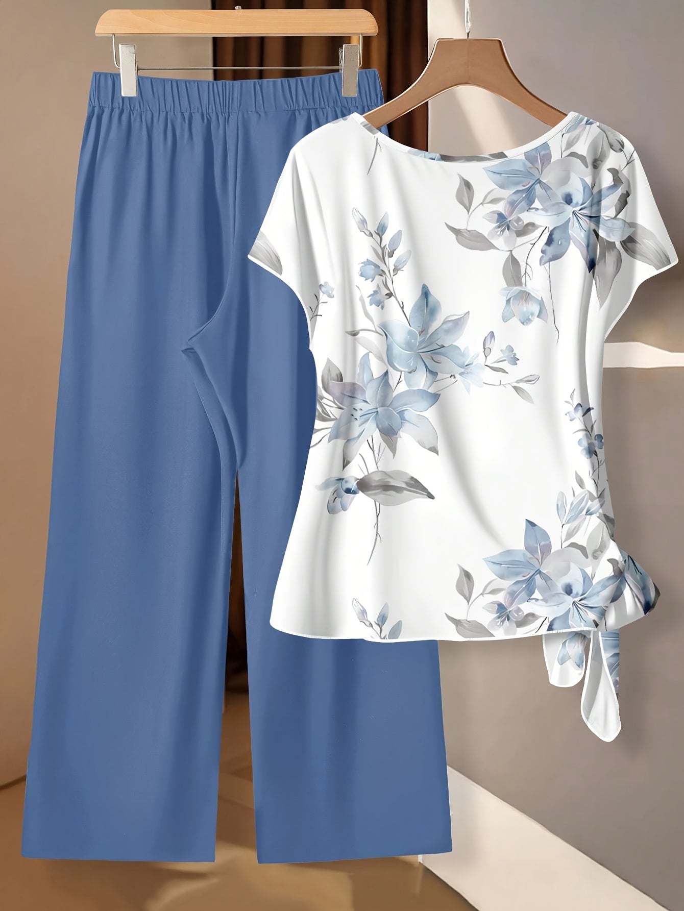 Women's Floral Bow-Tie Blouse & Loose Straight Pants Set