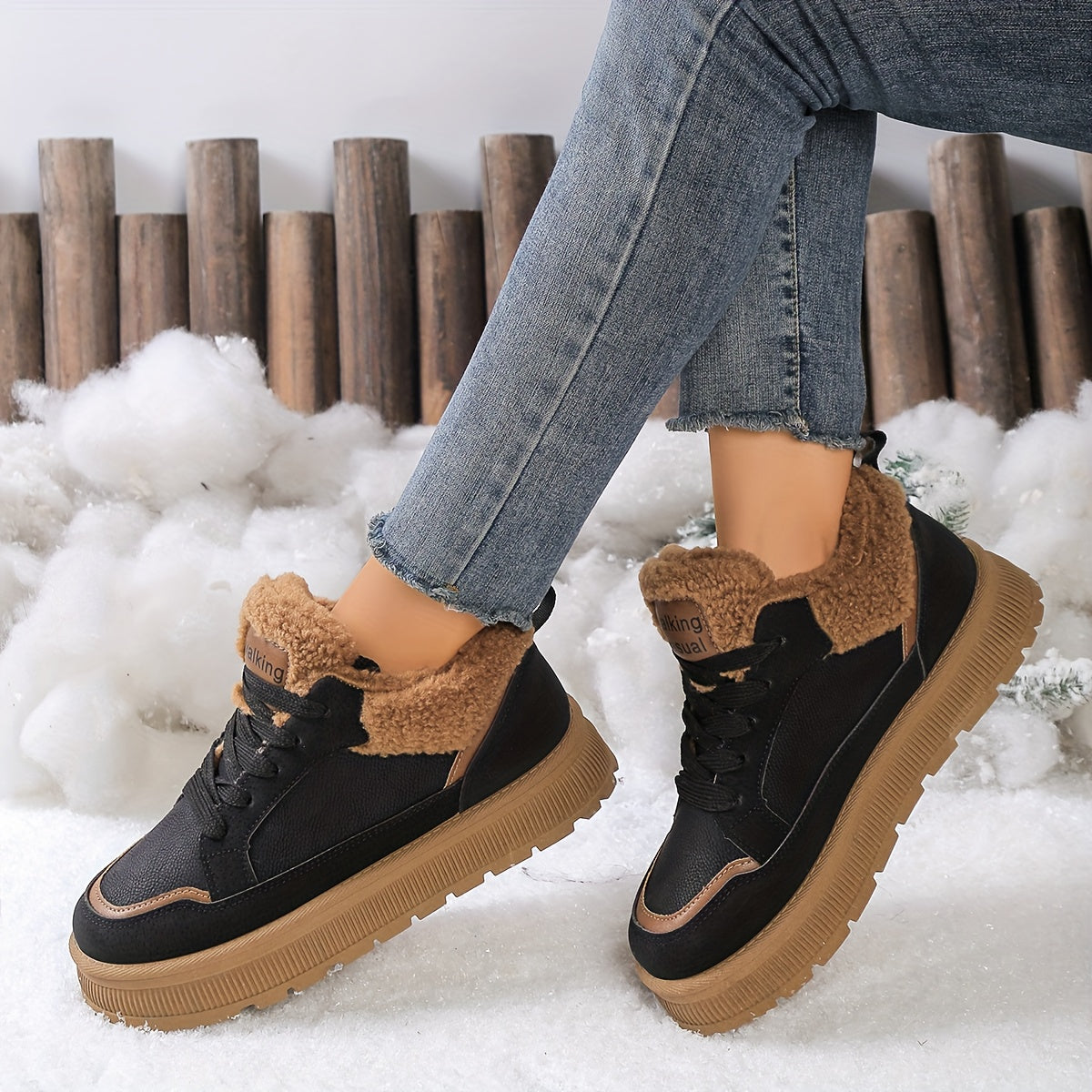 Women'S High-Top Fleece-Lined Thick Sole Height-Increasing Casual Sneakers - Geometric Pattern, Round Toe, Synthetic Cover Upper, Rubber Sole, Warm Winter Shoes for Petite Women, Winter Footwear | Geometric Pattern Shoes | Sy