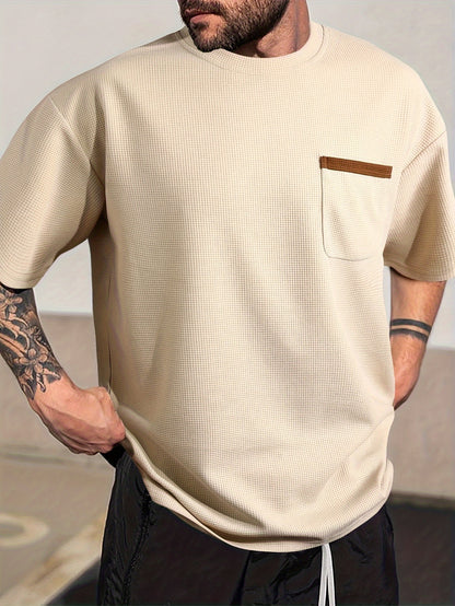 Men's Solid T-shirt With Chest Pocket, Casual Short Sleeve Crew Neck Tee, Men's Clothing For Summer Outdoor