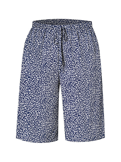 Plus Size Women's Lightweight Beach Shorts - Casual Blue and White Floral Print, Drawstring Waist, Polyester, Machine Washable, Knee-Length with Pockets