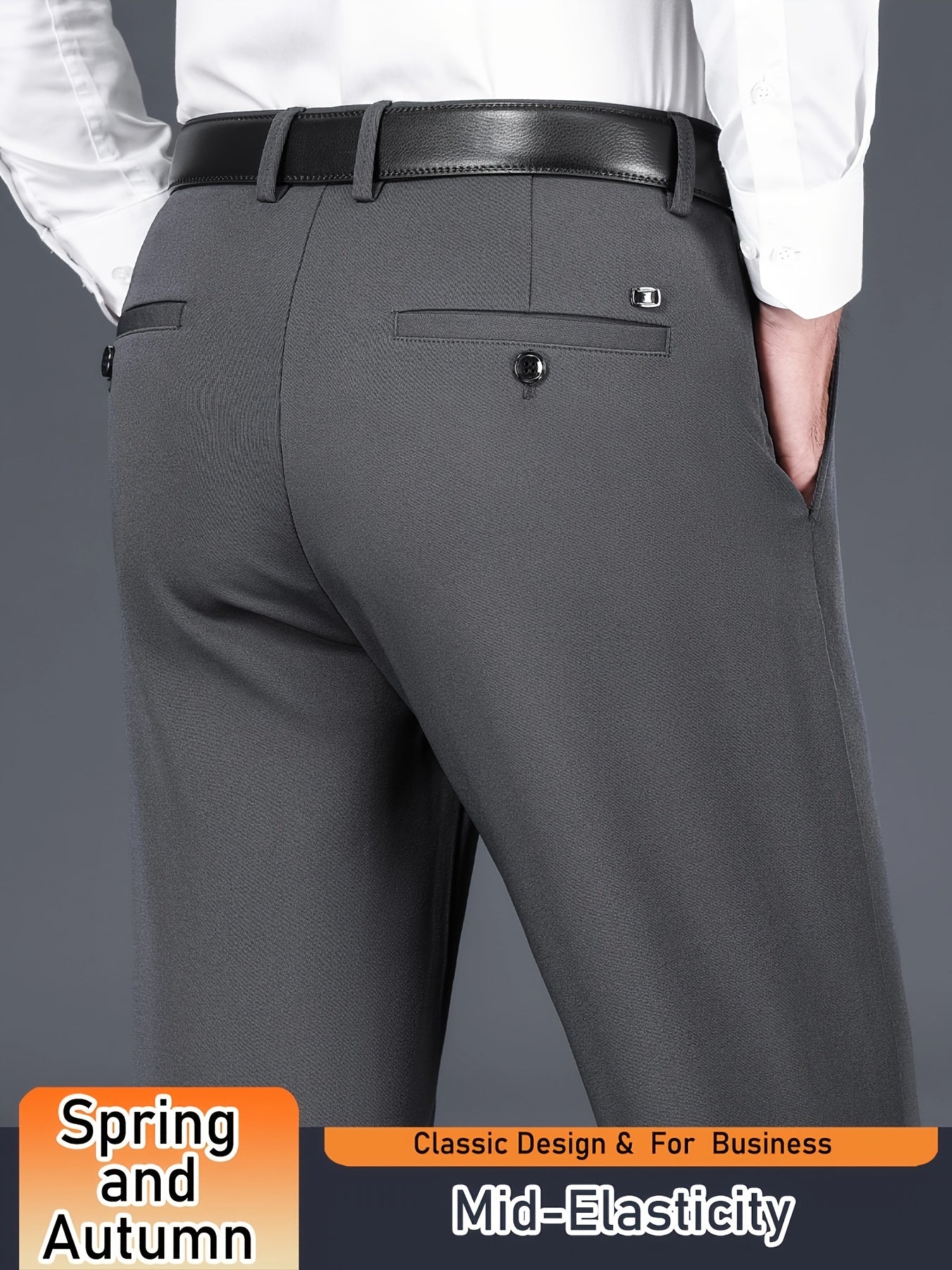 Men's Solid Color Dress Pants, Classic Design Slightly Stretch Formal Dress Pants For Business Occasions, Spring And Fall