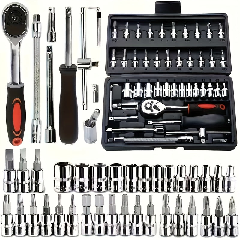 Black 46 and 121pcs of household car repair kit with plastic storage box, motorcycle repair kit, outdoor bicycle emergency bicycle repair tool, including hex wrench, universal joint, screwdriver, extension piece, slider