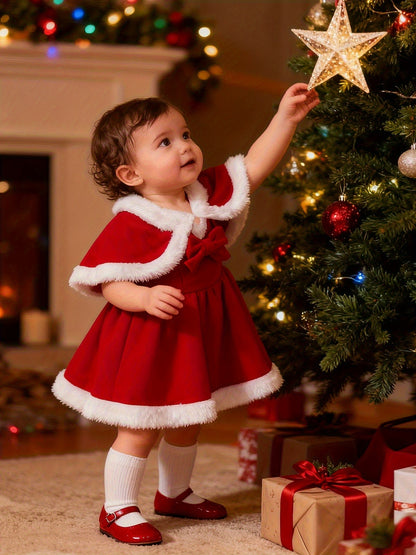 2pcs Girls' Bow Tie Suspender Dress + Shawl Children Christmas Party Gown, Seasonal Clothing, Holiday Dress, Stylish Outfit, Strapless Dress, Durable Dress, Comfortable Material, Shawl Dress, Children's Dress, Fashion