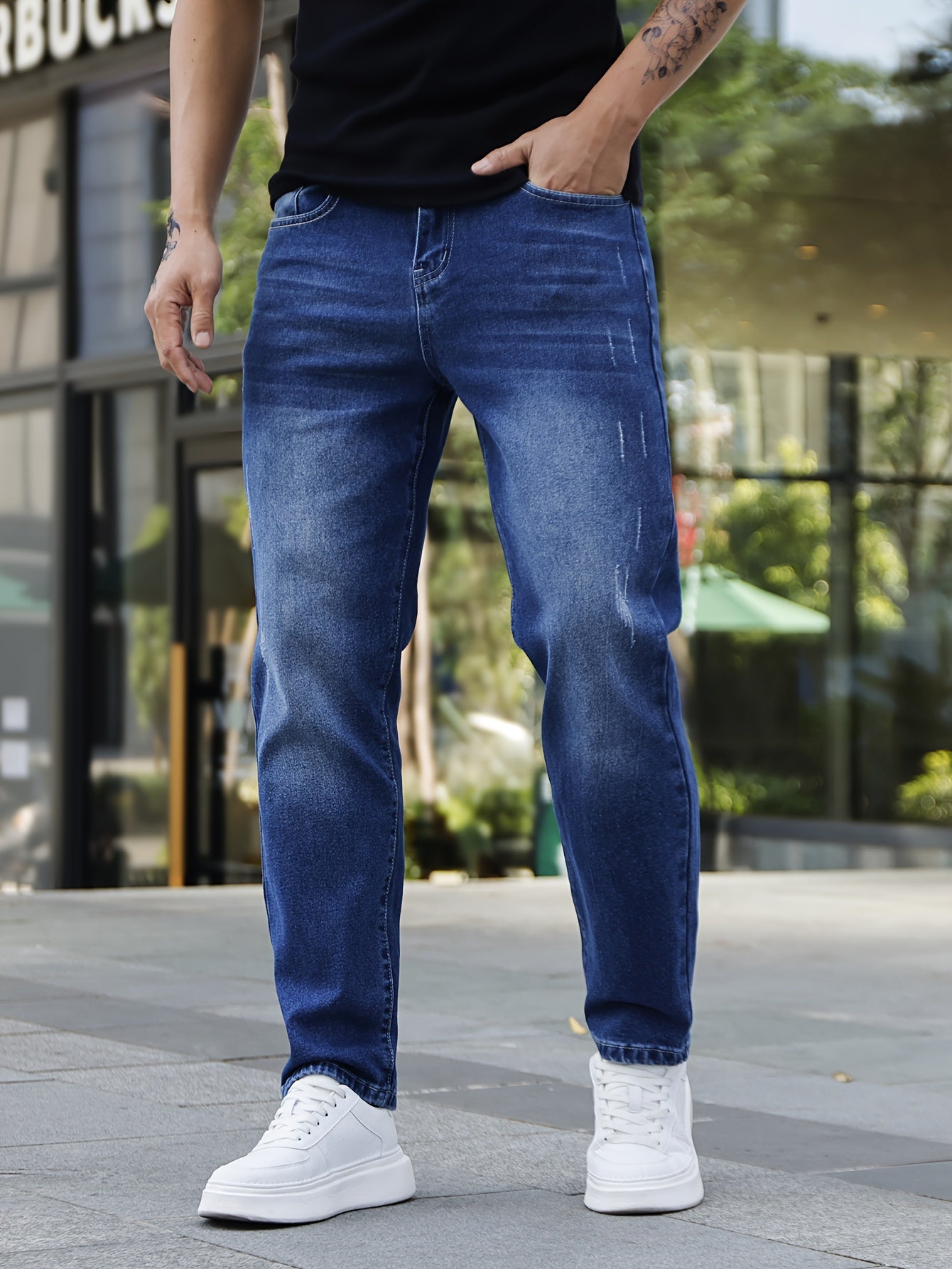 Men's Classic Slim Fit Jeans - Stretch Denim, Versatile for All Seasons, Solid Color