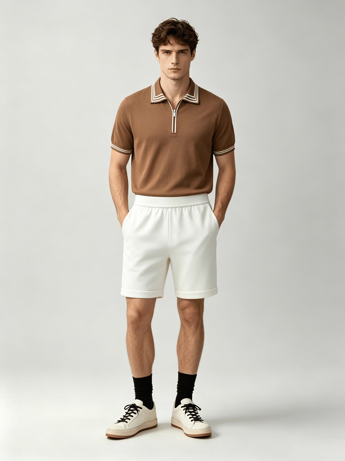 Men's Casual Striped Knit Polo & Lightweight Shorts Set