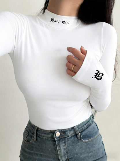 Women’s Gothic Style Long-Sleeve High-Neck Fitted T-Shirt