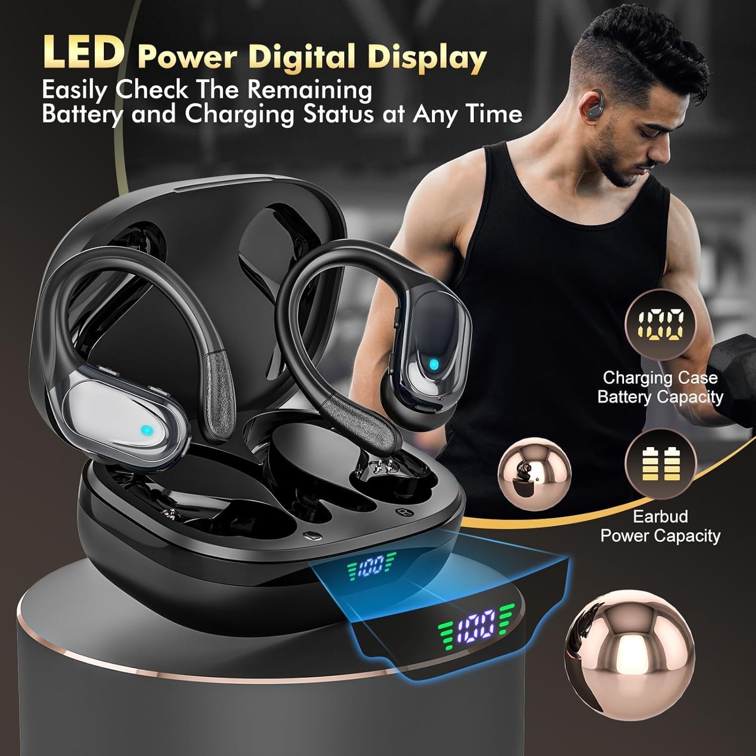 Wireless Earbuds Sport Bluetooth Headphones 5.3, 80Hrs Stereo New Bluetooth Earbuds with HD Mic, Earbuds with Earhooks ENC Noise Canceling Earphones, IP7 Waterproof Headset for Sports/Workout/Running