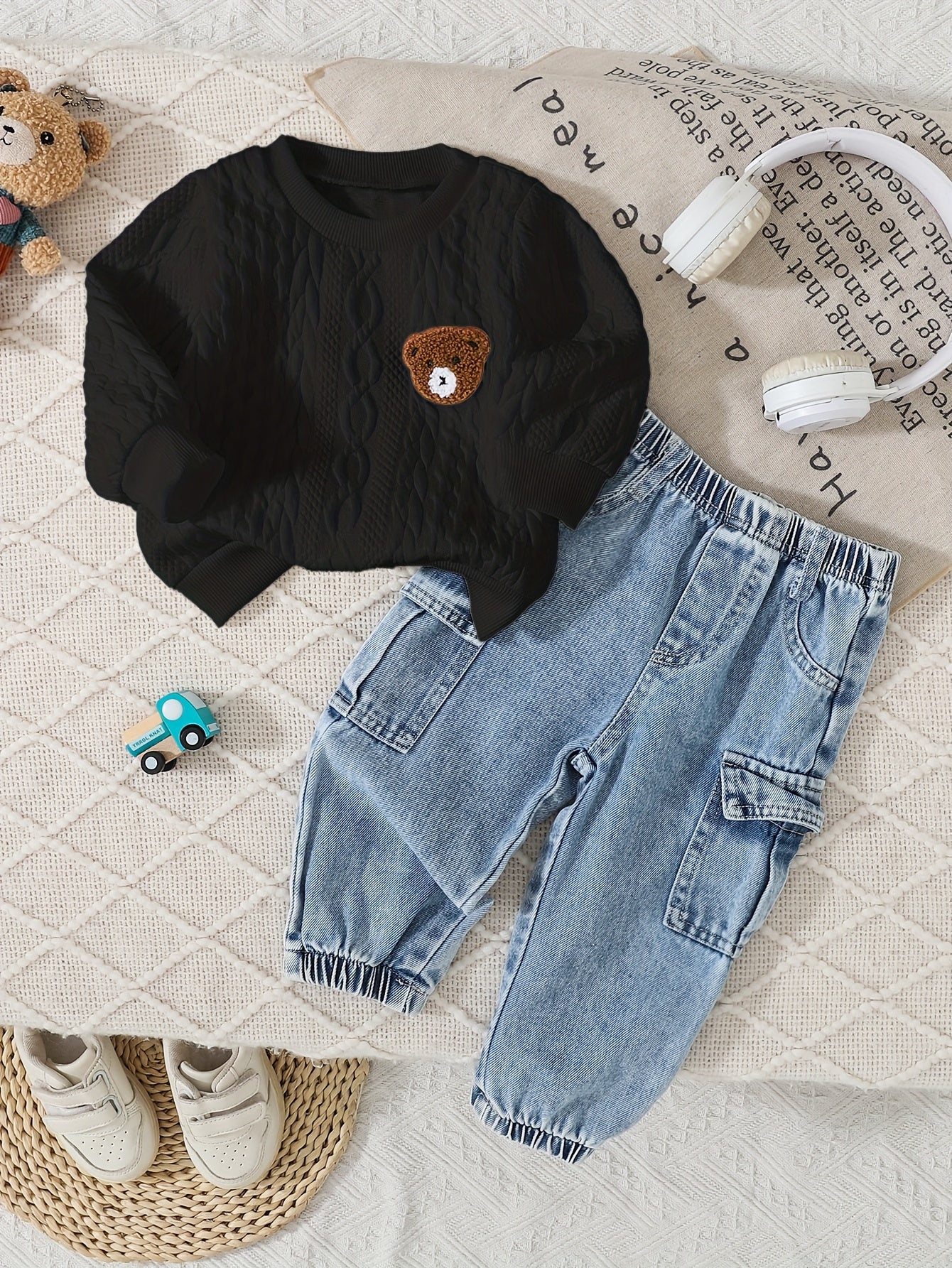 Cute Baby Boy Fall Set: Bear Sweatshirt & Denim Jogger Pants