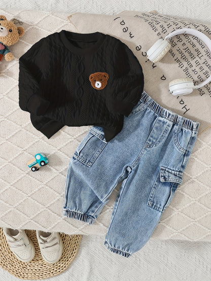Cute Baby Boy Fall Set: Bear Sweatshirt & Denim Jogger Pants