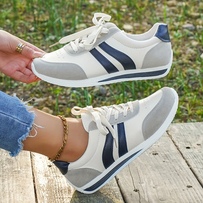 Women's Casual White Sneakers with Blue Accents - Breathable & Comfortable Lace-Up Running Shoes, Low-Top Fitness & Travel Footwear, Soft Rubber Sole, All-Season Wear