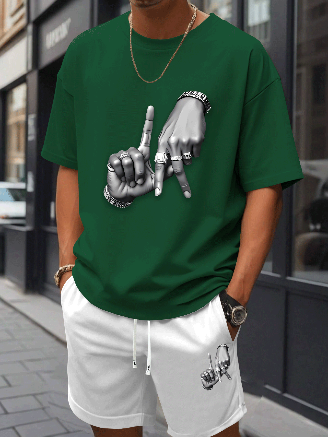 New Summer Men's Printed 2pcs Fashion Casual Suit, Round Neck Short Sleeve T-shirt and Waistband Shorts Set
